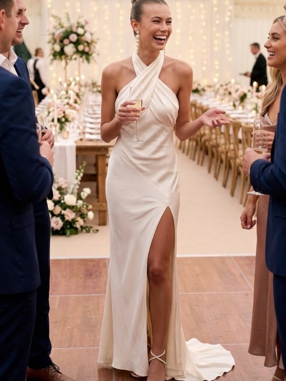 New Lulus Start of Forever Elegant Ivory Satin Halter-Slit Evening Dress Sz Larg